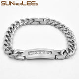 Stainless Steel ID Bracelet Charm Link Chain CZ Men Women Jewelry SCB22
