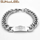 Stainless Steel ID Bracelet Polished Charm Link Clear Cubic Zirconia