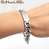 Stainless Steel ID Bracelet Polished Charm Link Clear Cubic Zirconia