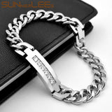 Stainless Steel ID Bracelet Charm Link Chain CZ Men Women Jewelry SCB22