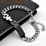 Stainless Steel ID Bracelet Cubic Zirconia Charm Chain Silver Gift SCB27