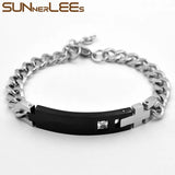 Stainless Steel ID Bracelet Cubic Zirconia Charm Chain Silver Gift SCB27