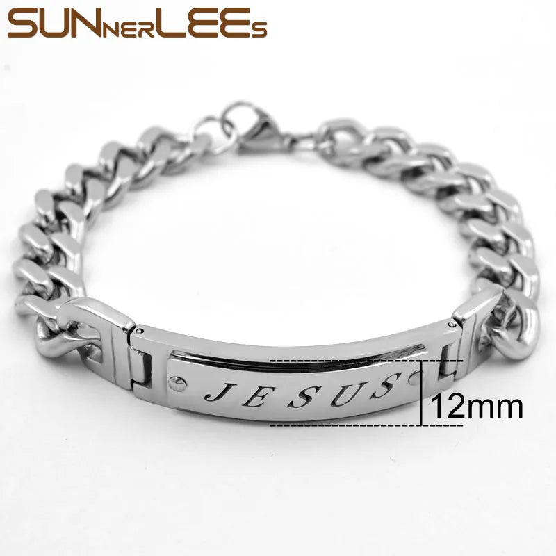 Stainless Steel ID Bracelet Jesus Christ Charm Link Chain
