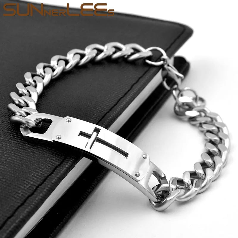 Stainless Steel ID Bracelet Jesus Cross Charm Chain Jewelry