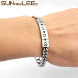Stainless Steel ID Bracelet Roman Numerals Charm Link Chain Cubic Zirconia