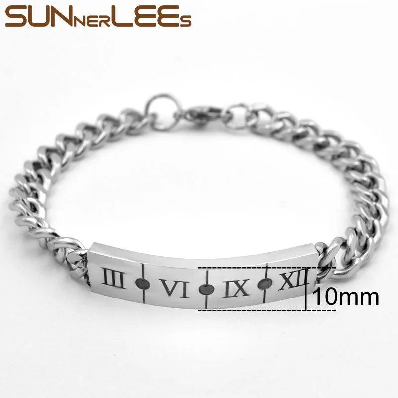 Stainless Steel ID Bracelet Roman Numerals Charm Link Chain Cubic Zirconia