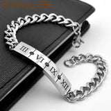 Stainless Steel ID Bracelet Roman Numerals Charm Link Chain Cubic Zirconia