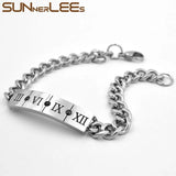 Stainless Steel ID Bracelet Roman Numerals Charm Link Chain Cubic Zirconia