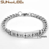 Stainless Steel ID Bracelet Roman Numerals Charm Link Chain Cubic Zirconia