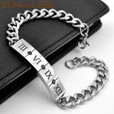 Stainless Steel ID Bracelet Roman Numerals Charm Link Chain Cubic Zirconia