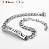 Stainless Steel ID Bracelet Roman Numerals Cubic Zirconia Men Women Gift