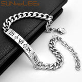 Stainless Steel ID Bracelet Roman Numerals Cubic Zirconia Men Women Gift
