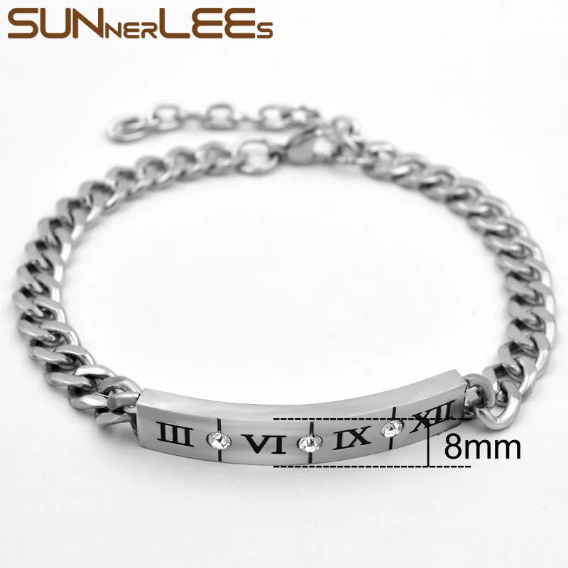 Stainless Steel ID Bracelet Roman Numerals Cubic Zirconia Men Women Gift