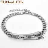 Stainless Steel ID Bracelet Roman Numerals Cubic Zirconia Men Women Gift