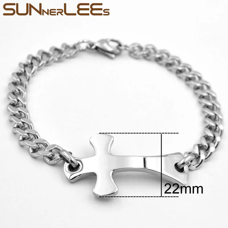Stainless Steel ID Bracelet Jesus Cross Charm Link Chain Men Women Jewelry