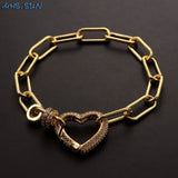 Copper Zircon Heart Charm Bracelet Open Dangle Bangle Jewelry for Women