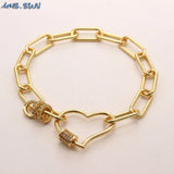 Copper Zircon Heart Charm Bracelet Open Dangle Bangle Jewelry for Women