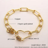 Copper Zircon Heart Charm Bracelet Open Dangle Bangle Jewelry for Women