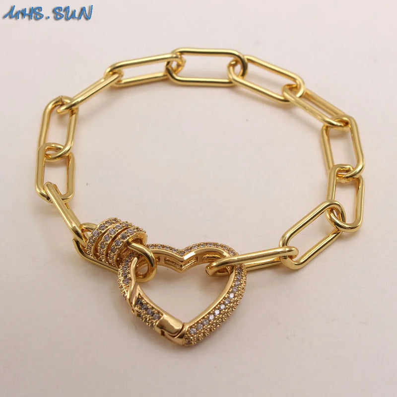 Copper Zircon Heart Charm Bracelet Open Dangle Bangle Jewelry for Women