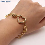 Copper Zircon Heart Charm Bracelet Open Dangle Bangle Jewelry for Women