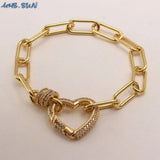 Copper Zircon Heart Charm Bracelet Open Dangle Bangle Jewelry for Women