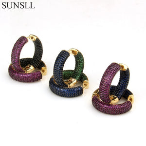 Golden Copper Pins Multicolor CZ Circle Hoop Earrings Women's Jewelry