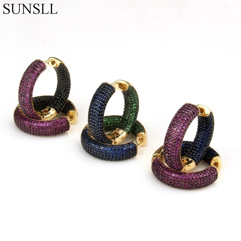 Golden Copper Pins Multicolor CZ Circle Hoop Earrings Women's Jewelry