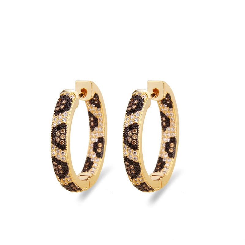 Golden Copper Earrings Leopard CZ Hoop Women Jewelry