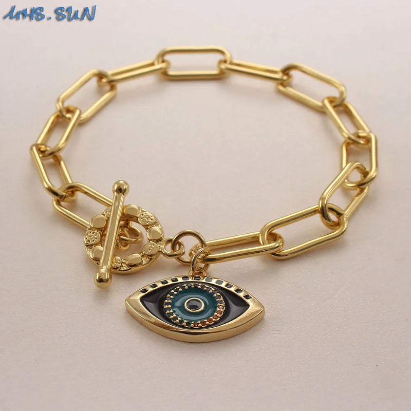 Oil Chunky Charms Bracelets with Zircon Eye Dangle Bangles