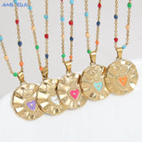 Colorful Heart Pendant Necklace Bohemian Stainless Steel Chain