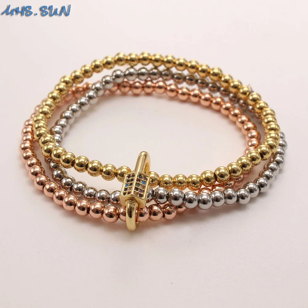 Vintage Zircon Buckle Bracelet 3 Layered Beads