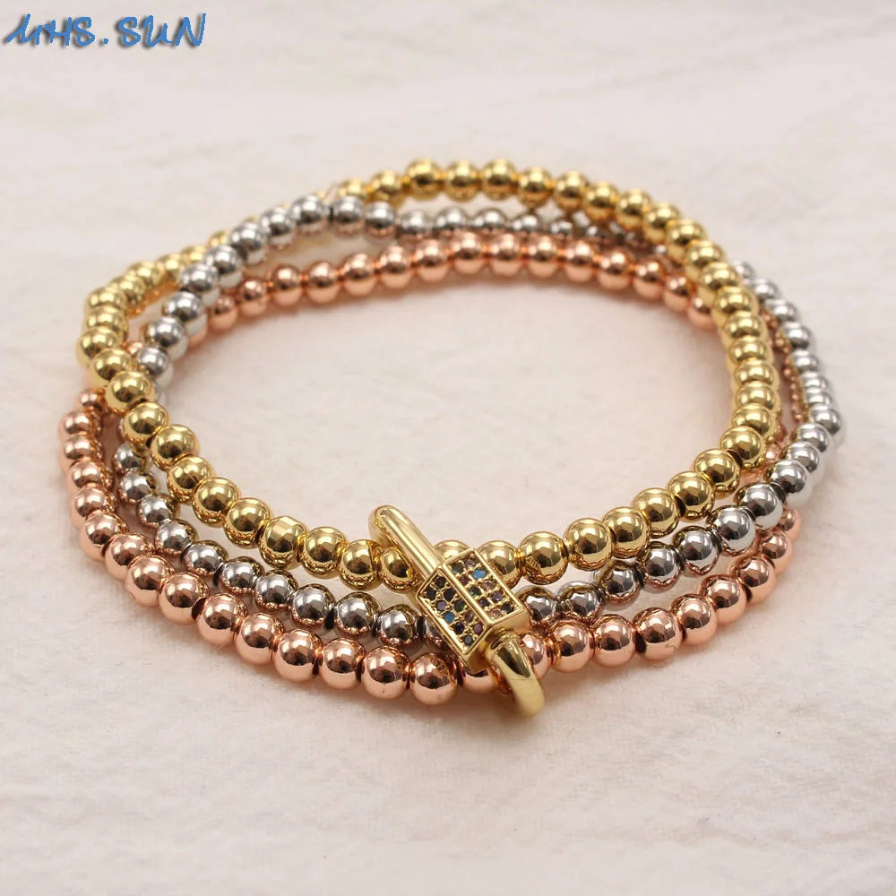 Vintage Zircon Buckle Bracelet 3 Layered Beads