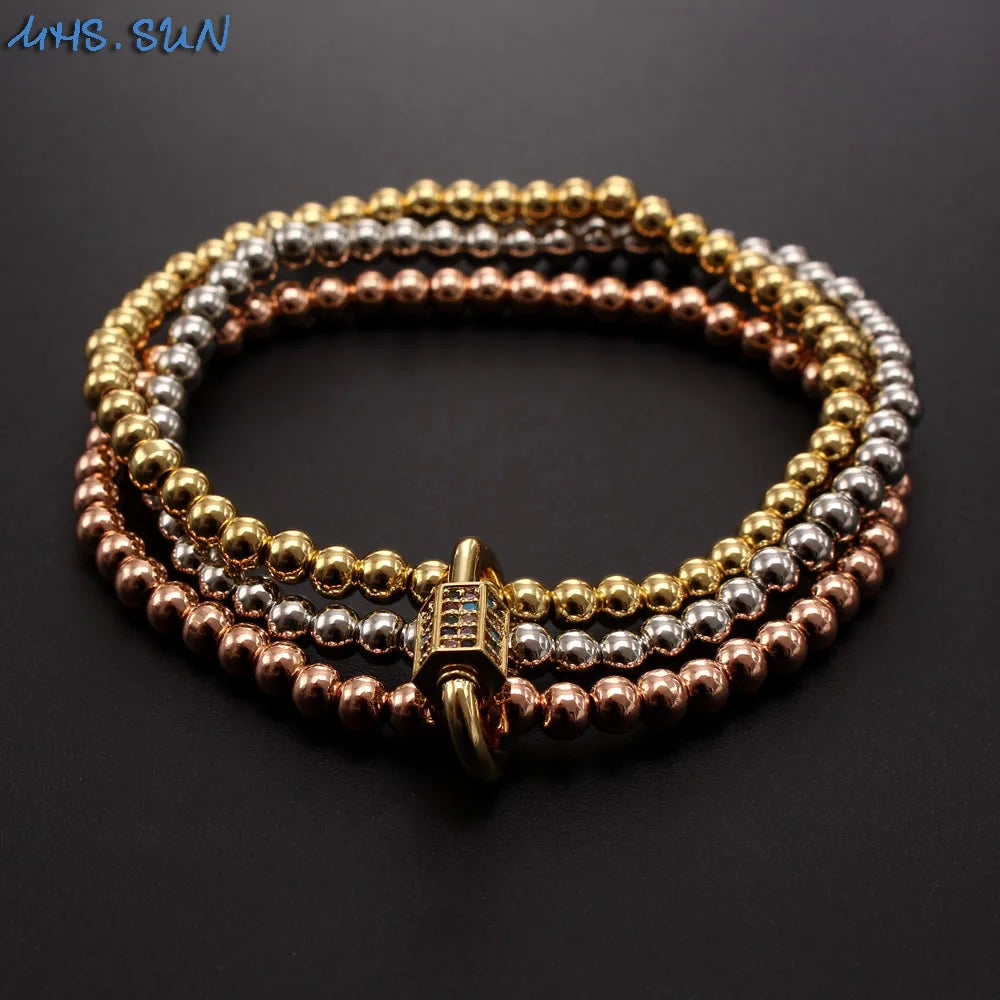 Vintage Zircon Buckle Bracelet 3 Layered Beads
