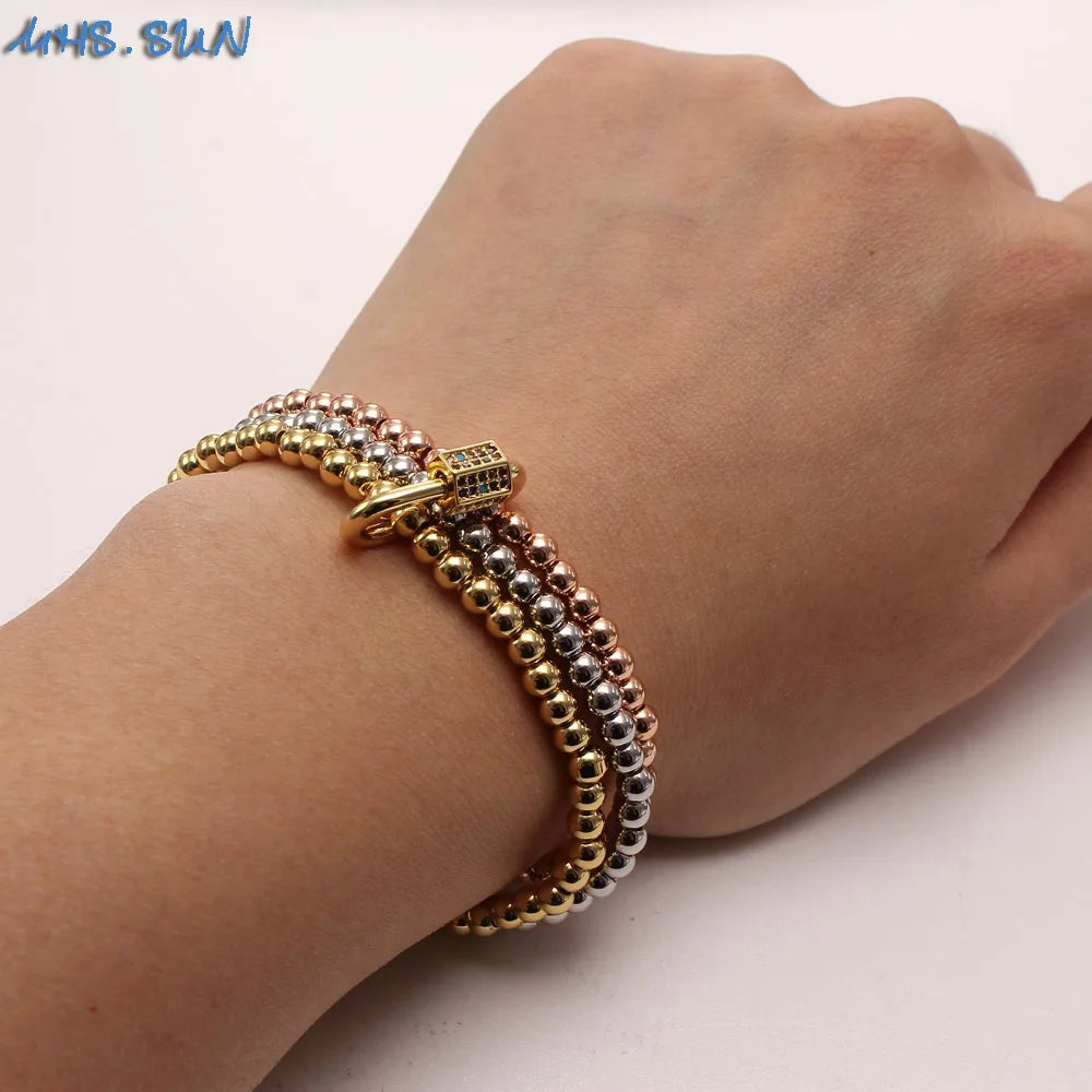 Vintage Zircon Buckle Bracelet 3 Layered Beads