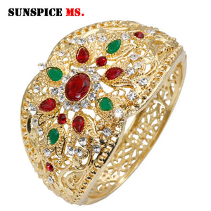 Colorful Crystal Female Cuff Bracelet Bangle Arabic Ethnic Wedding Jewelry