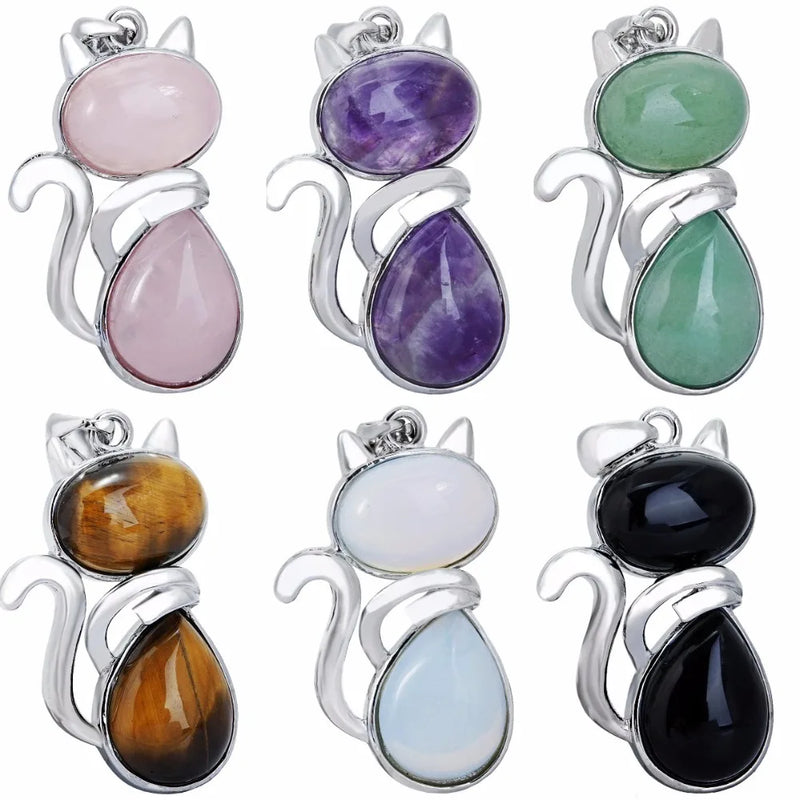 6Pc Healing Crystal Cat Charms Pendants for Necklace