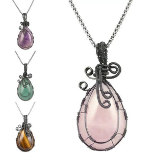 Teardrop Crystal Pendant Necklace - Copper Wire Wrapped