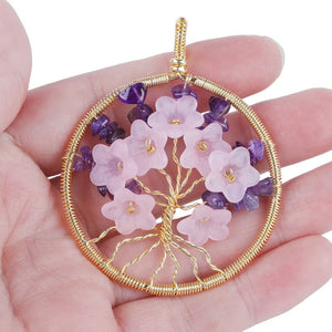 Crystal Stone Flower Pendant Necklace Wire Wrap Tree of Life Charm
