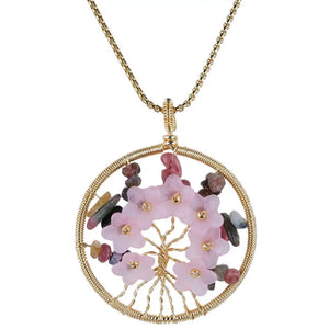 Crystal Stone Flower Pendant Necklace Wire Wrap Tree of Life Charm