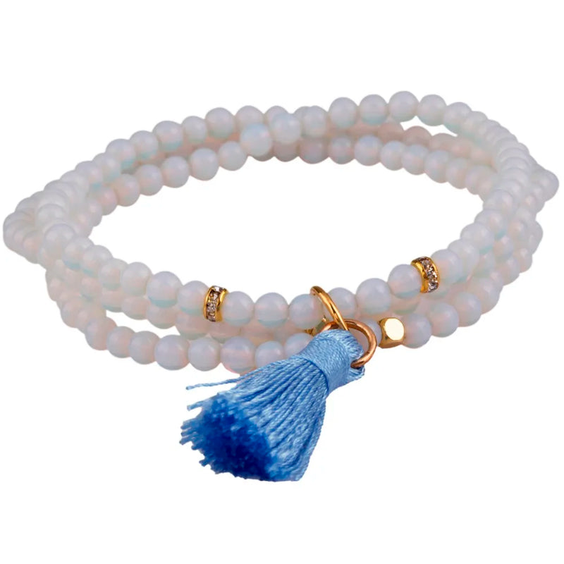 Opalite Stone Beads 4mm 3 Layers Ethnic Bracelet with Tassel Charm