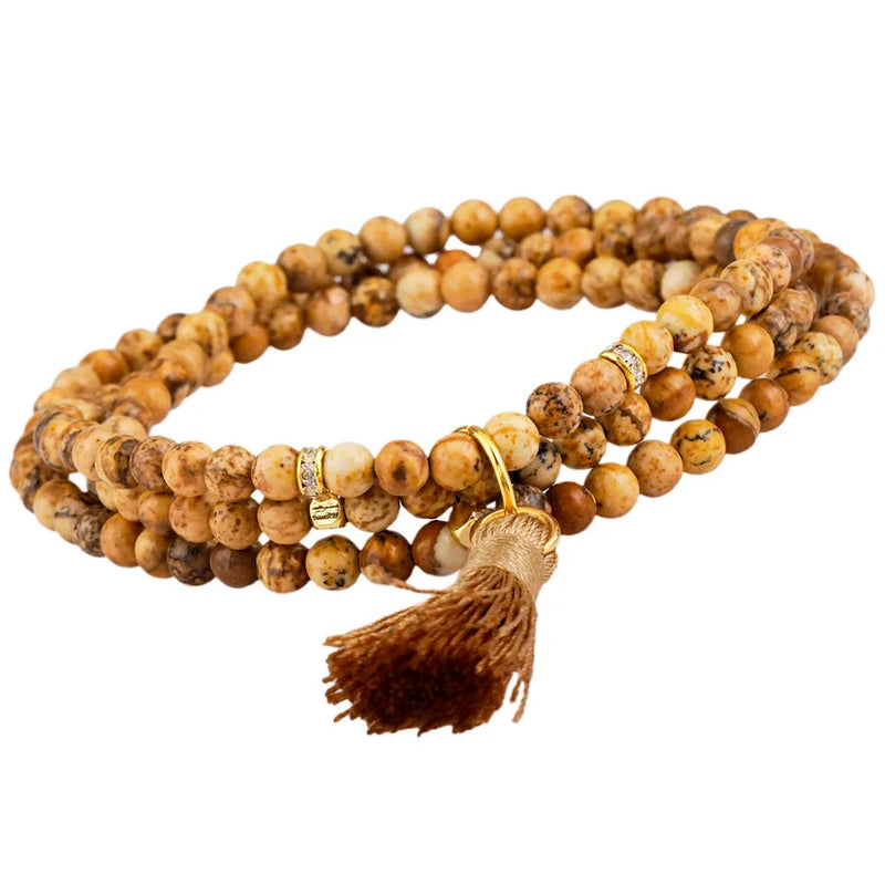 3-Layer Natural Picture Stone Beads Bracelet with Charm Tassel
