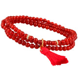 Red Carnelian Stone Beads 4mm 3 Layer Bracelet With Charm Tassel
