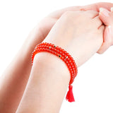 Red Carnelian Stone Beads 4mm 3 Layer Bracelet With Charm Tassel