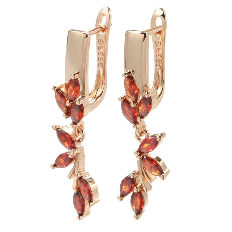 Rose Red Leaf Drop Earrings Zircon Wedding Jewelry Vintage Dangle Earrings