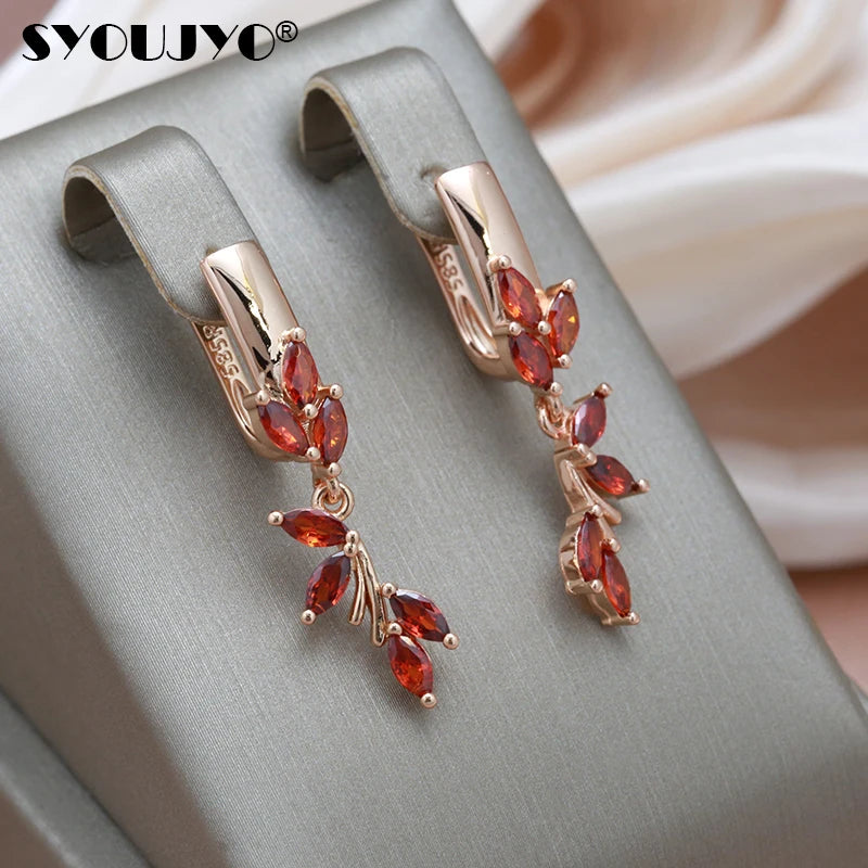 Rose Red Leaf Drop Earrings Zircon Wedding Jewelry Vintage Dangle Earrings