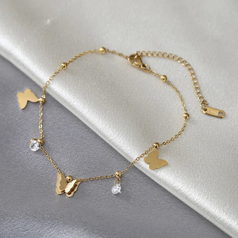 316L Stainless Steel Butterfly Zircon Beads Anklet - Women Girl Leg Chain