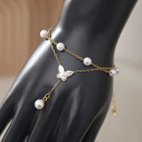 316L Stainless Steel Double Layer Butterfly Pearl Anklets for Women Girls