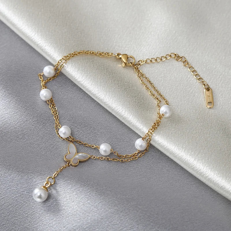 316L Stainless Steel Double Layer Butterfly Pearl Anklets for Women Girls