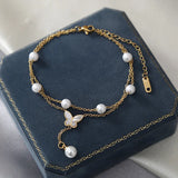 316L Stainless Steel Double Layer Butterfly Pearl Anklets for Women Girls