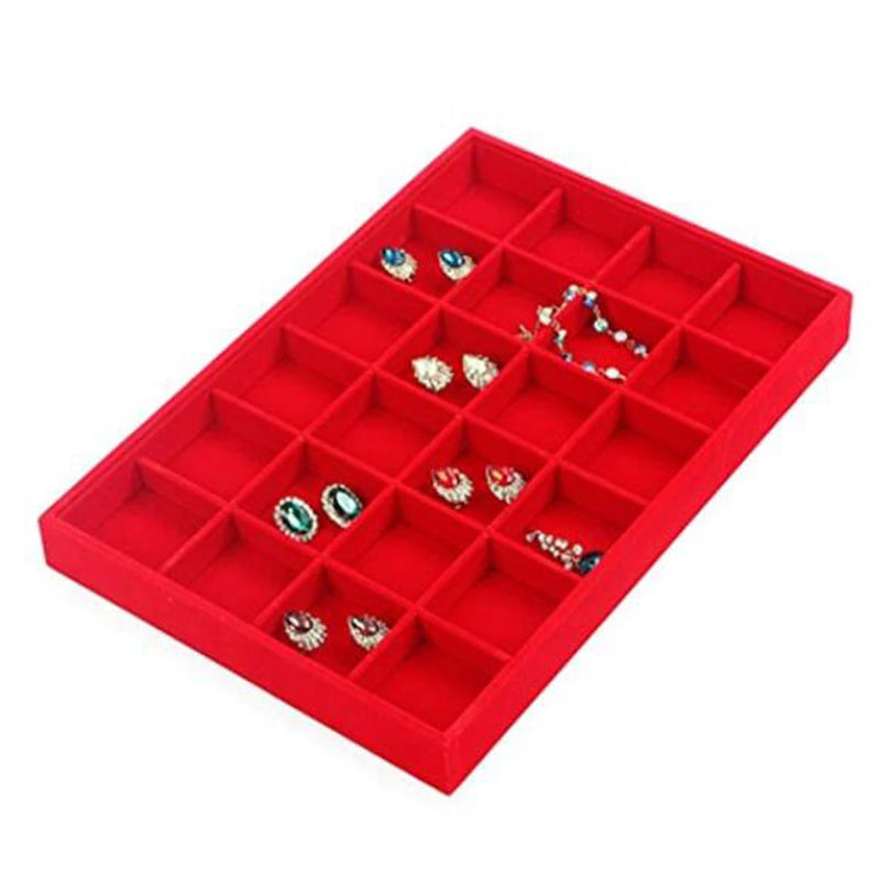 24 Compartment Red Velvet Jewelry Tray Drawer Organizer Storage